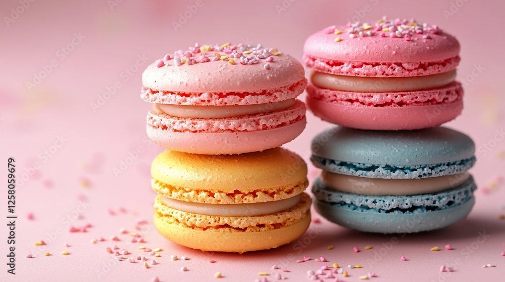 Colorful macarons stacked on a pink background with sprinkles, perfect for dessert promotion Colorful macarons stacked on a pink background with sprinkles, perfect for dessert promotion