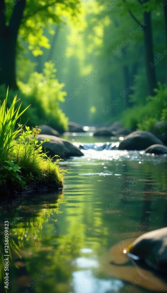 Fototapeta premium Aquatic plants and algae thrive in sunlit river, rivers, nature, freshwater
