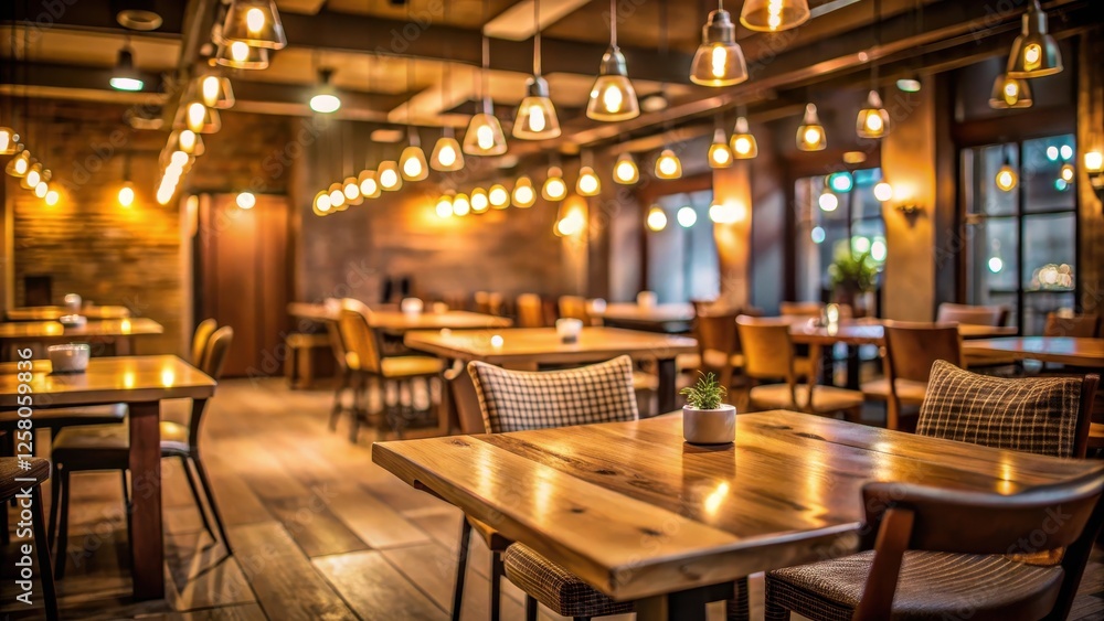 Cozy restaurant with dimmed lighting and wooden tables, surrounded by a warm beige carpet, dimmable lights, blurred background Cozy restaurant with dimmed lighting and wooden tables, surrounded by a warm beige carpet, dimmable lights, blurred background