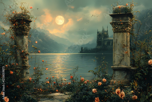 A dreamy digital collage of a surreal landscape with architectural elements and lush botanicals.