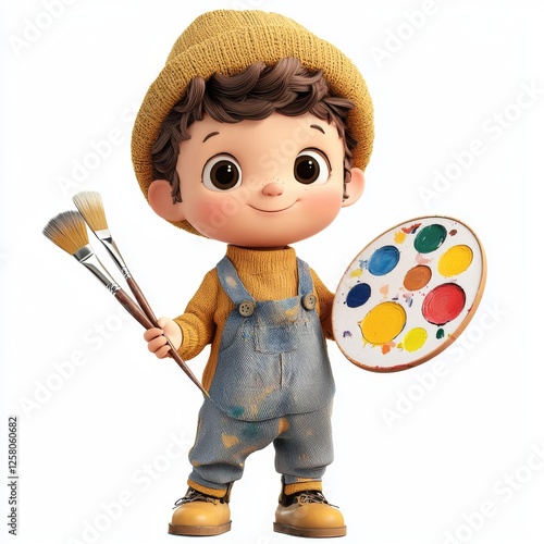 Cute Young Boy Holding Paintbrushes and Palette with Bright Colors, Wearing Cozy Sweater and Cap, Fun Artistic Expression for Kids photo