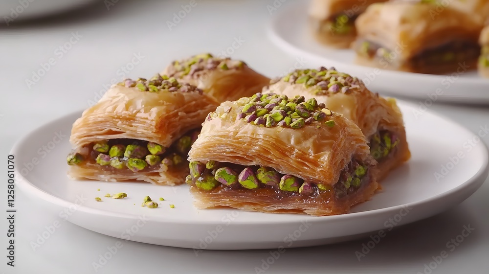 Delicious Pistachio Baklava Pastry Dessert on Plate Delicious Pistachio Baklava Pastry Dessert on Plate