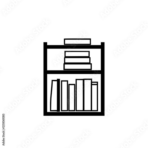 Clean, Minimalist Bookshelf with Books. A monochromatic vector illustration of a bookshelf filled with books and objects.