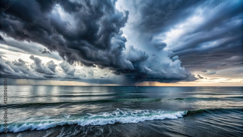 Dark grey thunderstorm clouds above the calm ocean surface, with waves gently lapping at the shore, thunderstorm Dark grey thunderstorm clouds above the calm ocean surface, with waves gently lapping at the shore, thunderstorm