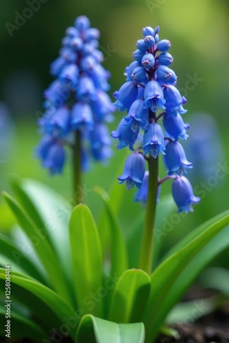 Delicate blue blooms on Muscari paradoxum Bellevalia Pycnantha in shade, shade loving plants, shade garden photo