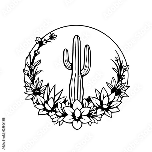 Cactus centerpiece enclosed in a circular frame of succulents, flowers, and leaves, black and white design.