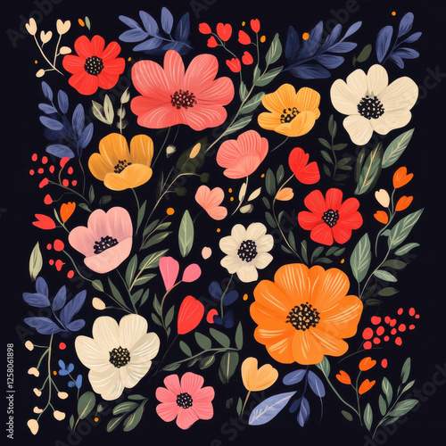 Flat art style, illustration, vector, flat, color, floral wall, black borders,Flowers on the wall 