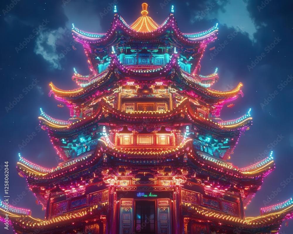 a Chinese pagoda illuminated at night with colorful lights outlining its elegant features, creating a magical a Chinese pagoda illuminated at night with colorful lights outlining its elegant features, creating a magical