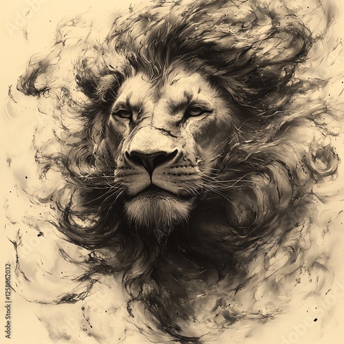 A powerful representation of a lion, showcasing its majestic mane and fierce gaze. This artwork combines strength and grace, embodying the spirit of the wild in captivating detail. photo