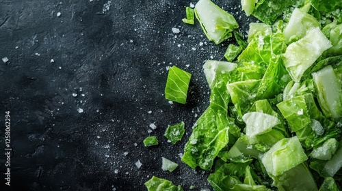 This striking image showcases finely chopped frozen cabbage pieces scattered over a dark surface, highlighting their vibrant green color and frozen texture.