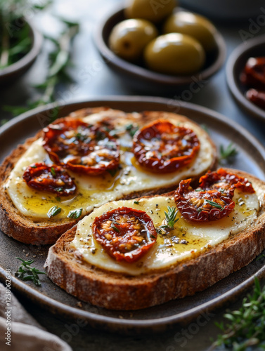 Rustic open-faced sandwich with cheese and sundried tomatoes on artisan bread. photo