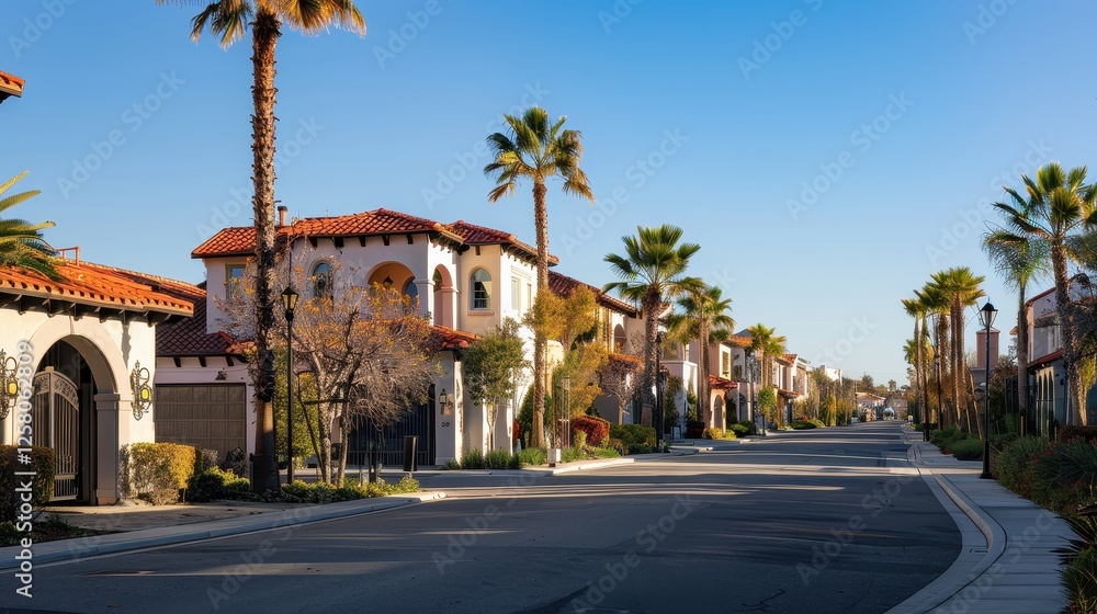 Beautiful Mediterranean-style homes along a palm-lined street in a luxury neighborhood
