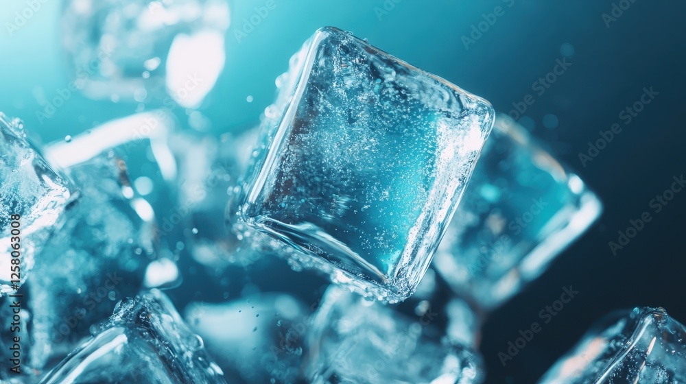This image showcases crystal clear ice cubes illuminated in a refreshing aqua light, capturing the essence of coolness and refreshment for various contexts. This image showcases crystal clear ice cubes illuminated in a refreshing aqua light, capturing the essence of coolness and refreshment for various contexts.