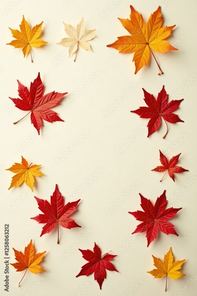 Delicate maple leaves scattered on a creamy white surface, nature, delicate Delicate maple leaves scattered on a creamy white surface, nature, delicate