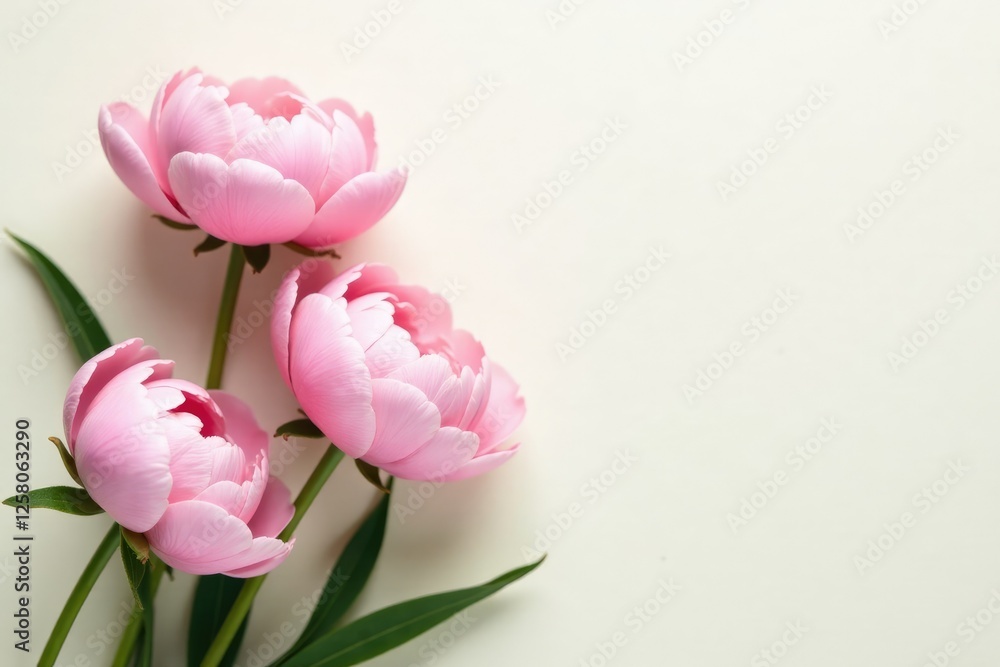 Fototapeta premium Delicate peonies in soft pink hues against a creamy white background, white, greenery