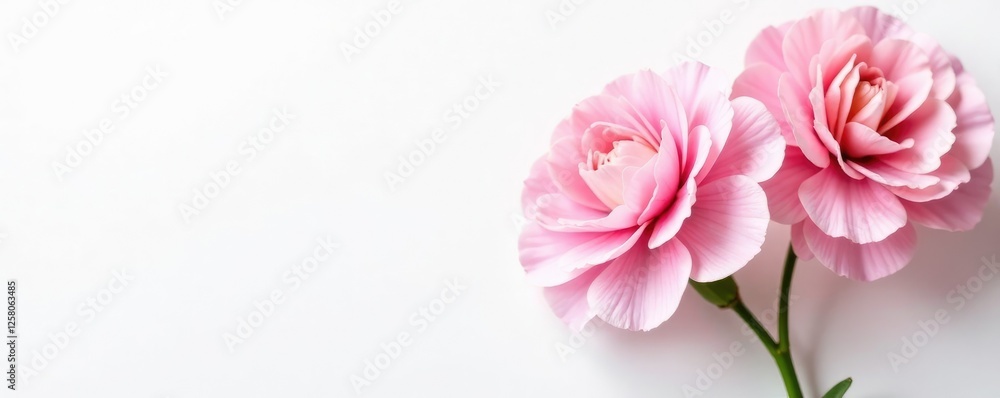 Delicate pink carnation blooms on a white background, flower arrangement, petals, blooming Delicate pink carnation blooms on a white background, flower arrangement, petals, blooming