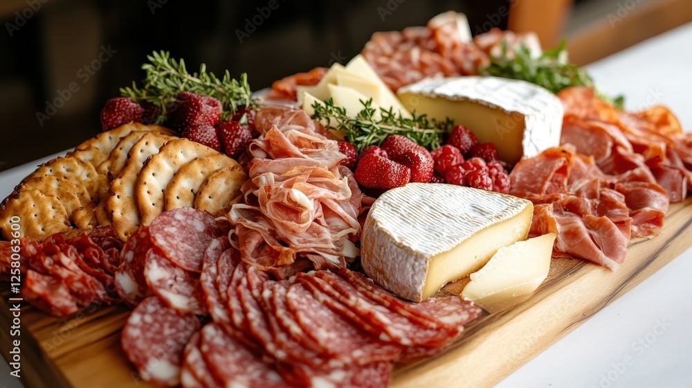 An inviting charcuterie board filled with an exquisite selection of cured meats, cheeses, fresh fruits, and crackers, perfect for entertaining guests at any gathering. An inviting charcuterie board filled with an exquisite selection of cured meats, cheeses, fresh fruits, and crackers, perfect for entertaining guests at any gathering.