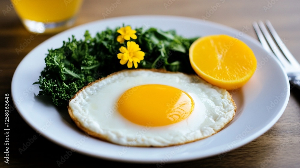 Fresh Breakfast Plate with Fried Egg, Greens, and Citrus Slice Fresh Breakfast Plate with Fried Egg, Greens, and Citrus Slice