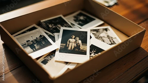 A box of old family photos scattered on a wooden table
