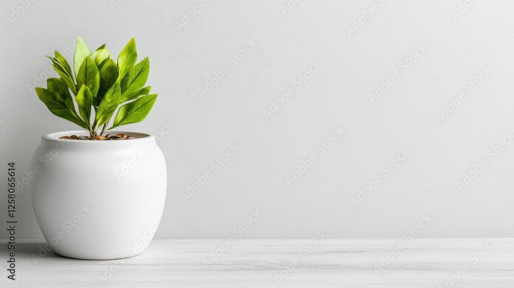 Green plant in white pot on shelf, minimalist background, home decor Green plant in white pot on shelf, minimalist background, home decor