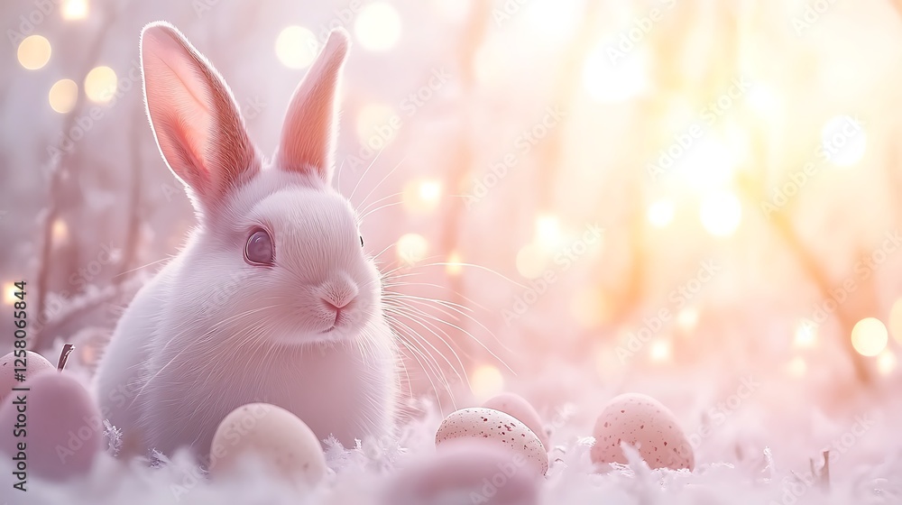 Easter Bunny Resting Among Decorated Eggs in Pastel Colors with Bokeh Light Accents Softly Lit Easter Bunny Resting Among Decorated Eggs in Pastel Colors with Bokeh Light Accents Softly Lit