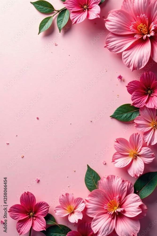 Glittering pink paper texture with festive flowers and leaves, pink, flower, Glittering pink paper texture with festive flowers and leaves, pink, flower,