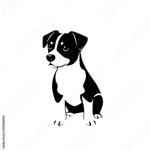 Black and white minimalist vector illustration of a puppy dog sitting.