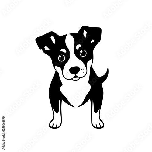 A cheerful cartoon puppy, black and white, sits, looking at viewer with big eyes, featuring a heart-shaped chest patch.