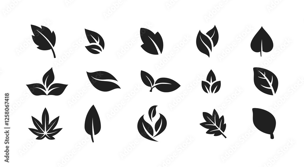 Leaf icons set, tropical leaves set, palm leaves silhouettes isolated, green leafs, environment and nature eco sign Leaf icons set, tropical leaves set, palm leaves silhouettes isolated, green leafs, environment and nature eco sign