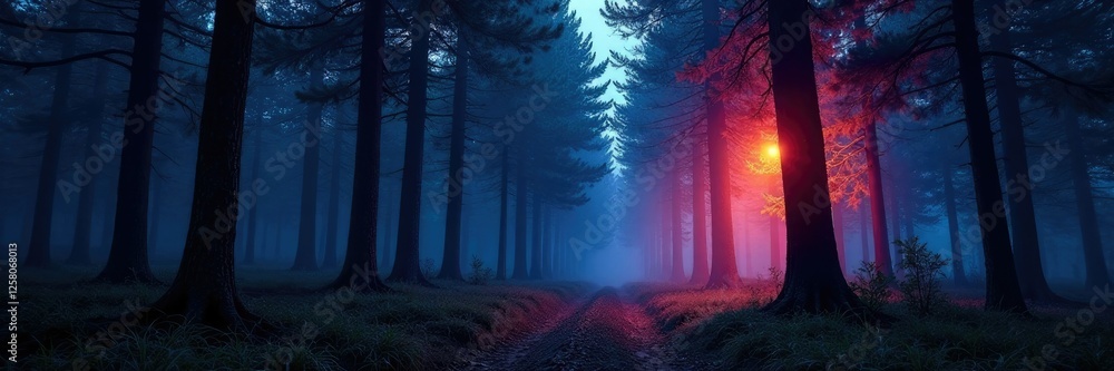 Fototapeta premium Nocturnal forest with glowing trees and dark sky, evening forest scenery, mysterious forest landscape, natural light in forest