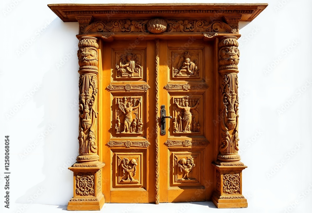 Fototapeta premium Ornate Carved Wooden Door with Religious Reliefs on White Wall