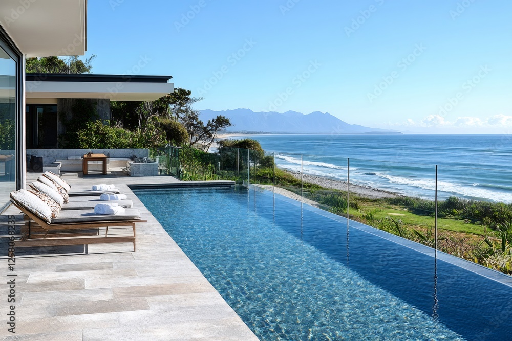 Fototapeta premium Infinity pool overlooking tranquil ocean and majestic mountains