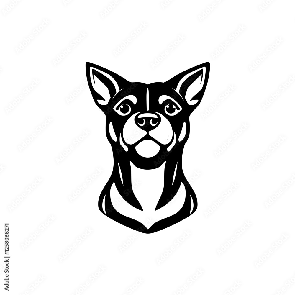 Minimalist black and white vector illustration of a Chihuahua dog's head, in a head-on perspective against a white background.