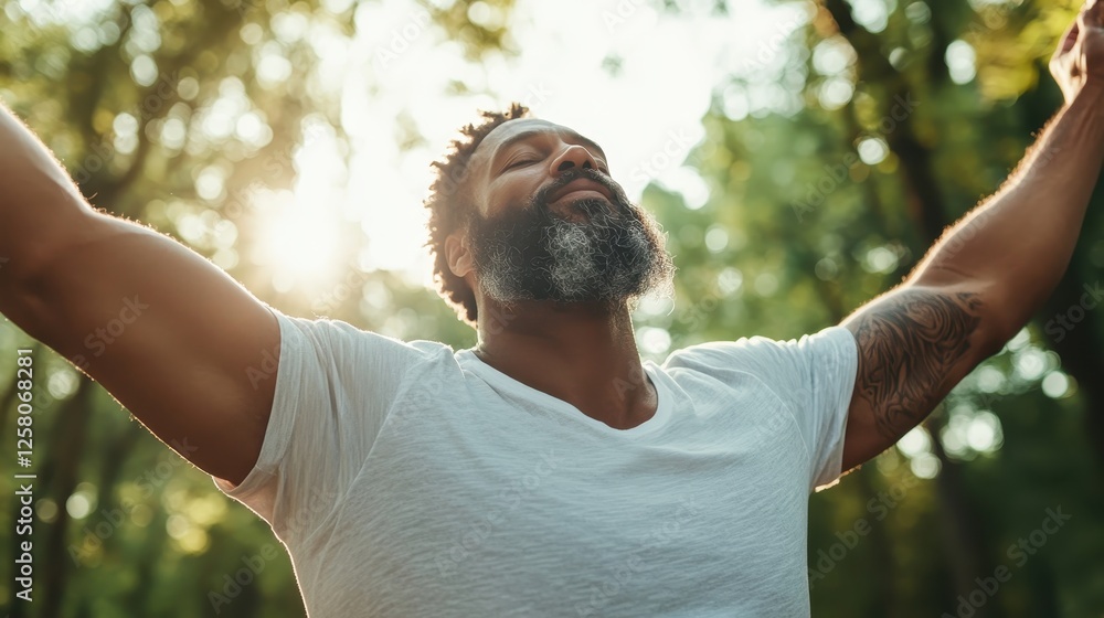 Fototapeta premium A man in a white shirt revels in the beauty of nature, arms wide open as sunlight beams down creating a moment of joy and connection with the surroundings.