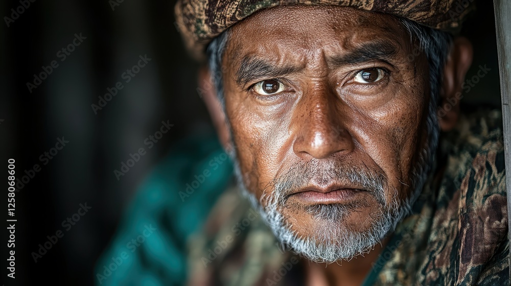 This captivating portrait reveals the expressive face of a thoughtful indigenous man, showcasing the rich textures and emotions represented in his captivating stare and cultural attire. This captivating portrait reveals the expressive face of a thoughtful indigenous man, showcasing the rich textures and emotions represented in his captivating stare and cultural attire.