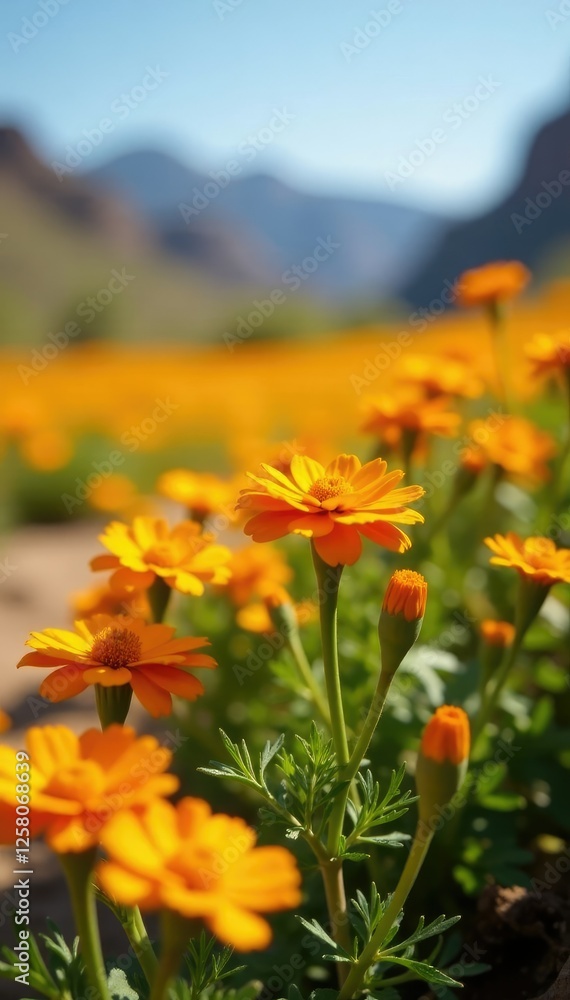 Obraz premium Orange marigolds and yellow daisies bloom freely, desert landscape, flower field, golden blooms