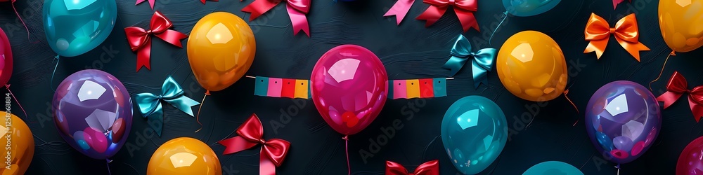 Festive balloons with bows, scattered on a dark background, banner in the center for party mockup designs, perfect for vibrant celebrations.