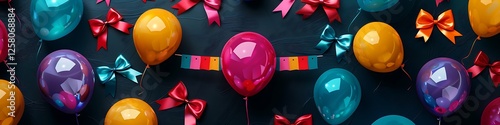 Obraz na płótnie Festive balloons with bows, scattered on a dark background, banner in the center for party mockup designs, perfect for vibrant celebrations. w salonie