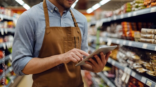Grocery Store Worker Using Digital Tablet Inventory Management Modern Retail Technology Efficient Supermarket Employee Checking Stock Levels on Device Professional Retail Worker in Apron Using Tablet 
