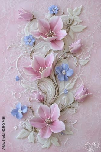 Delicate Arrangement of Light Pink Tulips and Small Blue Blossoms on Soft Pink Backdrop