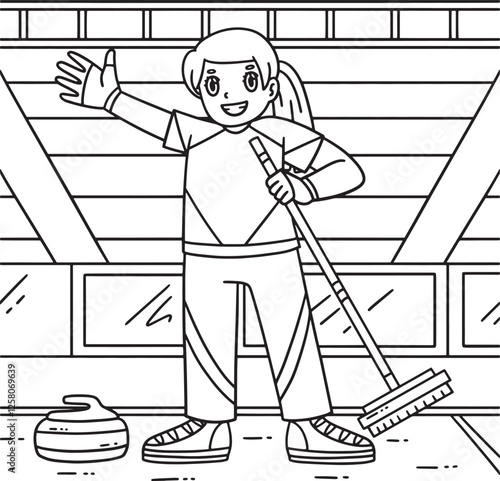 Curling Female Curler Holding Broom Coloring Page