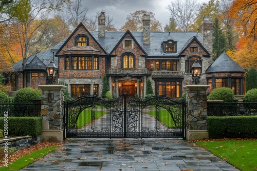 Luxurious brick mansion behind ornate iron gate on a rainy autumn evening photo