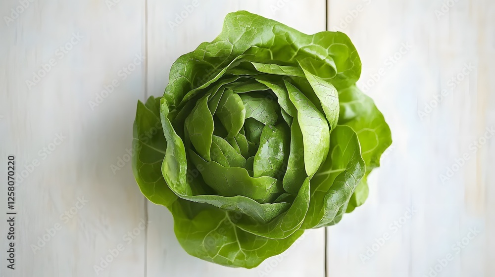 Obraz premium Fresh Green Lettuce Head on Wooden Background