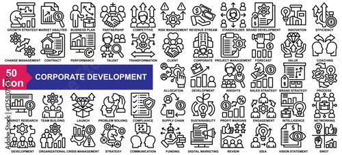 "Corporate Development" icon collection set. Growth Strategy, Market Analysis, Business Plan, Strategic Partnership, Competitive Advantage icon. Simple line vector.