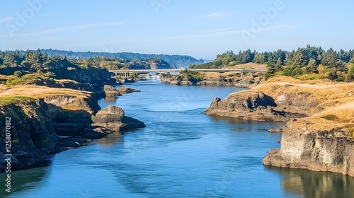 Stunning River Landscape with Bridge and Rocky Shores