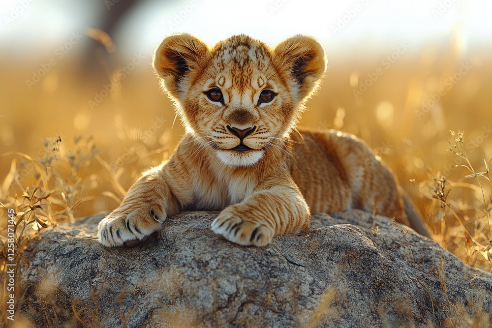 Obraz premium Golden Lion Cub Resting On A Rock In Savanna Grassland