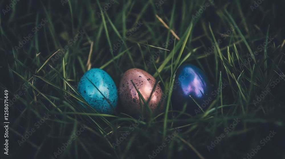 Easter Eggs Hidden in Green Grass with Dark Lighting for Celebration and Holiday Hunting Season Easter Eggs Hidden in Green Grass with Dark Lighting for Celebration and Holiday Hunting Season