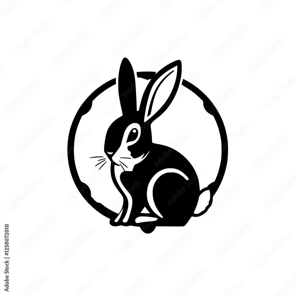 A Monochrome illustration featuring a black rabbit inside a circle. A Monochrome illustration featuring a black rabbit inside a circle.