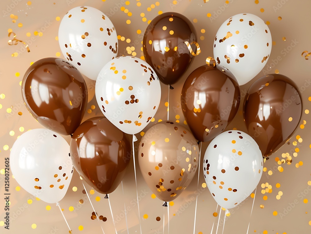 Festive beige backdrop with brown and white balloons and golden confetti, ideal for birthday party event banners.
