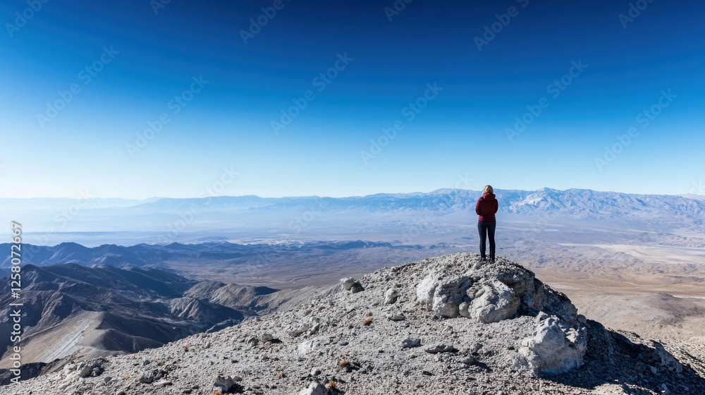 person standing on mountain peak, gazing at vast landscape below, surrounded by rocky terrain and clear blue skies. scene evokes sense of adventure and tranquility